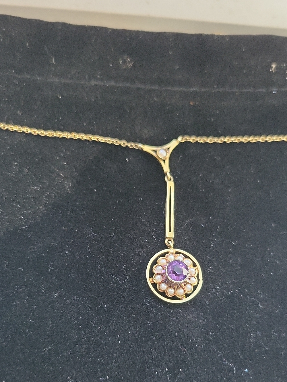 Victorian 14k Gold Pendant Necklace with Purple Gem and Pearl Accents